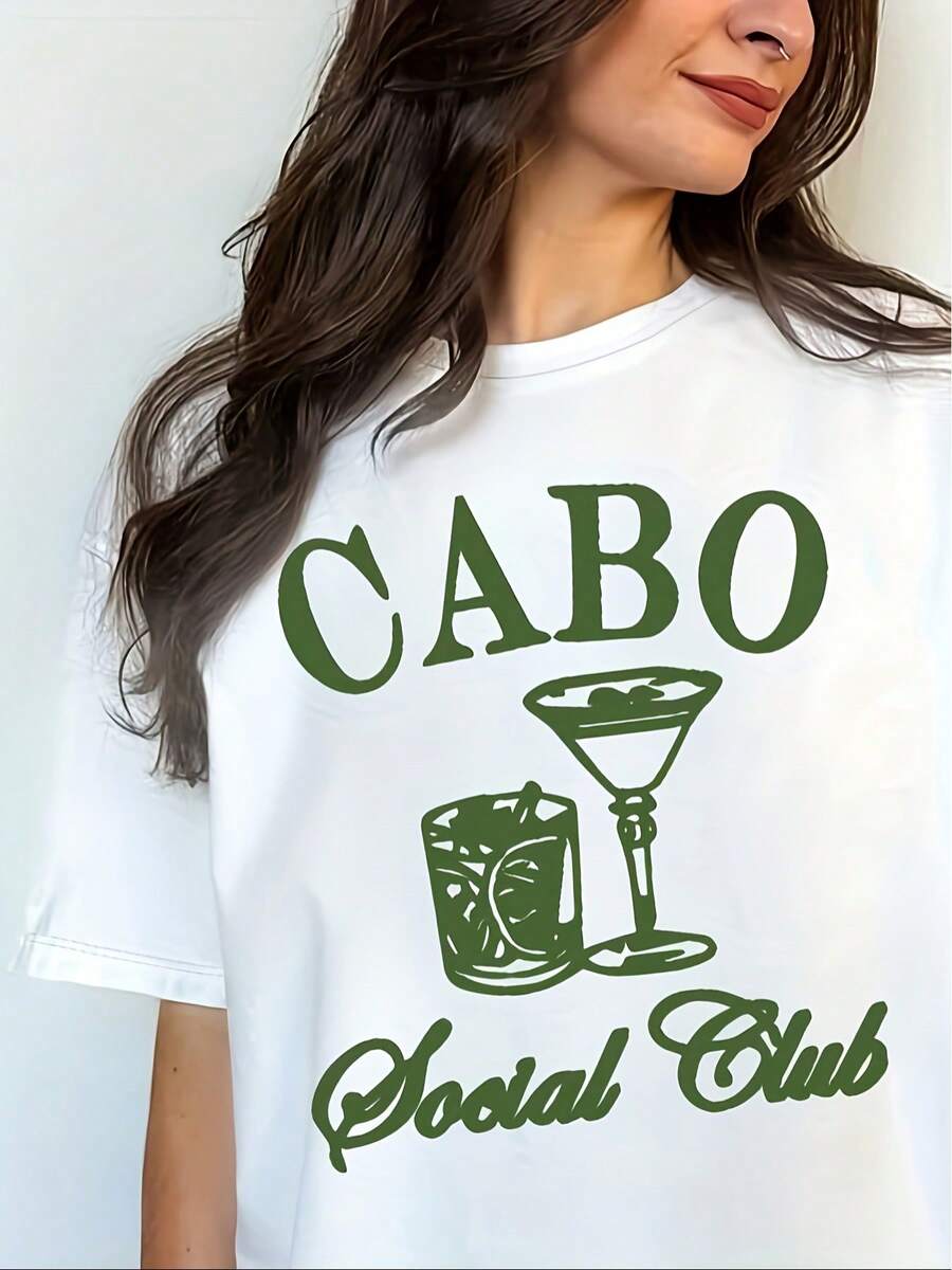 Breathable T-Shirt With Mexican Letter Print, Casual Short-Sleeved Top With Round Neck, Suitable For Summer And Spring, Women's Clothing, 100% Cotton, Blouses For Women - 白色 - 查看 1