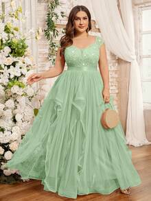 Plus Size Deep V-Neck Sequin Lace Contrast Mesh Ruffle Hem Elegant Evening Party Long Dress, Wedding Guest Dress, For Homecoming, Graduation - Mint Green - View 2