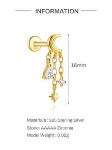 1Pc Crown Tassel 925 Sterling Silver Earrings For Women Flat Back Drop Earring Stud Earring Helix Cartilage For Daily Wear Party Fine Jewelry - Gold - View 5