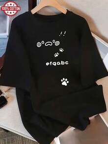 Camiseta Minimalista para Mujer con Diseño de Ojos Expresivos - Cuello Redondo Holgado y Cómodo, Lavable a Máquina, Ideal para Todo el Año - Negro - Ver 1