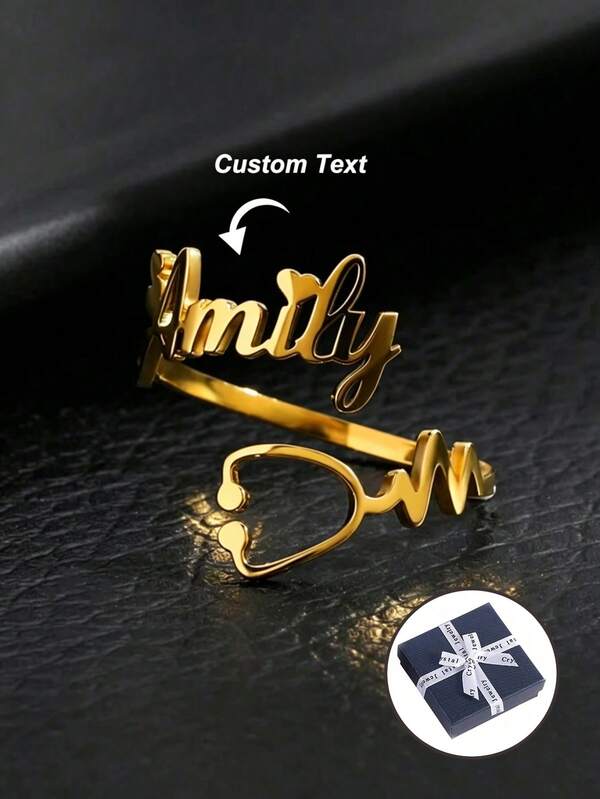 1PC Customized Nurse Name Ring, With Stethoscope And Heartbeat, Minimalist Stainless Steel, Perfect Gift For Nurses/Medical Students, Personalized Name Ring, Women's Jewelry, Personalized Gift, Graduation Season, Thanksgiving, Nurses Day, Christmas Gift