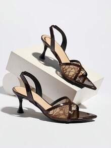Sandalias de tacón alto para mujer de verano, estilo clásico de fiesta primavera/verano con patchwork de malla cruzada, slip-on, elegantes y maduras, color marrón café, tacón de copa, punta fina, cómodas y versátiles, zapatos de tacón bajo para discoteca, fiesta, cita, compras, regalo del Día de San Valentín, Día de la Madre y Día de la Mujer - Café integral - Ver 7