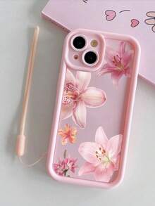 1 pieza Funda de teléfono TPU con patrón minimalista de lirio rosa a prueba de caídas compatible con la serie de teléfonos Apple, correa de muñeca de silicona adicional compatible con iPhone 16Pro Max/15plus/14/13/12/11/8P/XSMAX y Galaxy S24 Ultra/S23FE/S22/S21/S20/A52S/A15/A03 - Multicolor - Ver 3