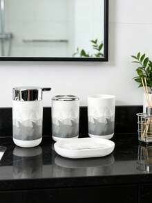 6 Pcs Stylish Printed Bathroom Accessories Set, Bathroom Suite,Complete Bathroom Counter Organizer Kit With Trash Can, Toilet Brush Holder, Soap Dispenser, Toothbrush Holder, Mouthwash Cup & Soap Dish, Modern Home Bathroom Vanity Decor Gift Set - Prism Print Bathroom Fixtures - View 3