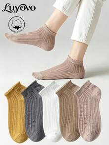 5雙女款純棉短襪，春夏款，透氣，適合各種節日、休閒與日常穿著，隨機配色 - 彩色 - 查看 2