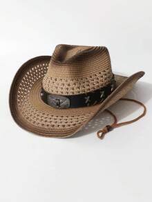 Unisex Gradient Hollow Western Cowboy Straw Hat Wide Brim Sun Hat With Bull Head Buckle X Rivets Wind Chin Strap Vintage Outdoor Beach Fedora Hat - Permed Straw Hat X Cow - View 12