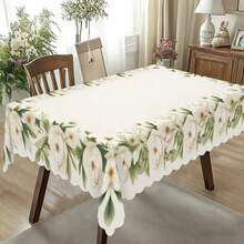 1pc Gentle Frame White Camellia Wavy Edge Tablecloth, Wrinkle-Resistant, Machine Washable, Suitable For Outdoor Patio Picnic, Engagement Party, Spring Wedding Afternoon Tea, Mori Style Homestay, Pastoral Home Decor Tablecloth - Multicolor - View 1
