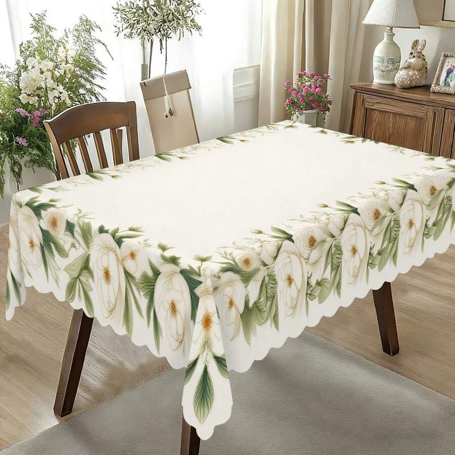 1pc Gentle Frame White Camellia Wavy Edge Tablecloth, Wrinkle-Resistant, Machine Washable, Suitable For Outdoor Patio Picnic, Engagement Party, Spring Wedding Afternoon Tea, Mori Style Homestay, Pastoral Home Decor Tablecloth - Multicolor - View 1