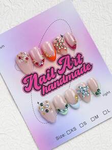 10 piezas de uñas postizas hechas a mano con forma de almendra, disponibles en nude, rojo, naranja, azul, verde, con puntas francesas de bloques de color y decoraciones de strass de colores, adecuadas para mujeres y niñas, perfectas para fiestas, ocasiones de baile y uso diario. Viene con un juego de herramientas, un gran regalo para suministros de uñas de mujer y uñas postizas hechas a mano - Multicolor - Ver 3
