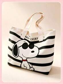 1pc Snoopy Striped Canvas Tote Bag, Large Capacity Shoulder Bag, Cute Multi-Functional Handbag, Suitable For Work, Casual, Travel, School, Birthday, Valentine's Day, Mother's Day Gift - View 4