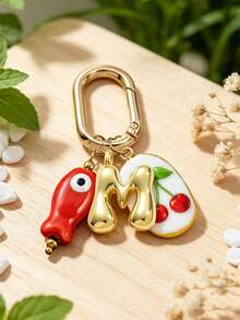 Spring Buckle Keychain, Letter Fish Cherry Keyring, Letter Bag Accessory, Metal Letter Pendant, 3D Puffy Gold Letter Bag Charm, Initial Bag Decoration, Letter Key Accessory, Fruit Theme Keychain, Beach Vacation Bag Charm, Daily Handbag Decoration, Gift Letter Keychain, Suitable For Women's Wallet, Bag, Car Accessory, Bag Charm, Campus Style Cute Gothic Y2K Style, Can Be Used As Mother's Day, Graduation Season, Teacher's Day Gift - Multicolor - View 7
