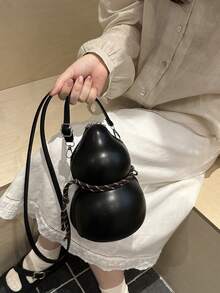 1pc Solid Color Textured Large Capacity Asymmetric Gourd-Shaped Minimalist Stylish Versatile Elegant Personalized Shoulder Bag - Black - View 5