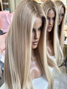 13x4 Honey Blonde Highlight Straight Lace Front Wig, 180% Density Long Straight Linen Texture HD Lace Front Wig, 32 Inches - Multicolor - View 5