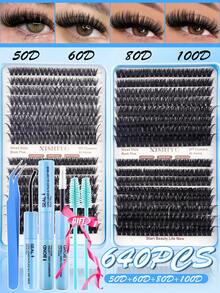 640/608pcs Eyelash Cluster Set DIY Eyelash Extension Kit Mixed 10-16mm Individual Eyelashes, Includes Eyelash Glue And Sealer, Eyelash Tweezers, Eyelash Brush, Fluffy Individual False Eyelashes Set, D-Curl Eyelash Clusters, DIY Eyelash Extension Kit, Waterproof Eyelash Glue, Eyelash Applicator, Dense False Eyelashes Set - Multicolor - View 13