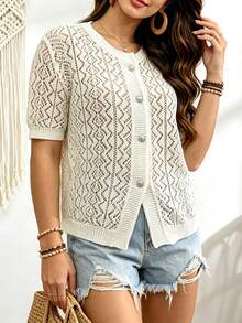 Plus Size Solid Color Casual Fashion Round Neck Hollow Out Button Knit Cardigan Summer - Apricot - View 3