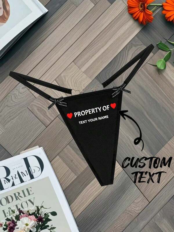 1pc Women's Customized Text Print Spaghetti Strap Bow Mesh Thong Panty, Black Soft Elastic Personalized Romantic Lingerie, Valentine's Day Sleepwear