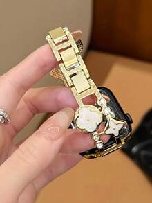 1 pieza Brazalete de cadena de reloj de resina vintage creativa dorada, adecuado para Apple Watch 38/40/41/42/44/45/46/49mm/S11/10/9/8/7/6/5/4/3/2/1, accesorio de joyería de moda para mujer con cadena de reloj de metal con strass de alta gama para verano, vintage, accesorio de reloj inteligente, regalo para mejor amiga, fiesta, baile, uso diario - Dorado - Ver 3