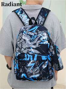 Conjunto de 2 piezas de mochila y bolso bandolera con estampado de grafiti de nailon para hombres, estilo callejero, adecuado para adolescentes en la escuela (mochila de vuelta a la escuela) - Azul - Ver 2