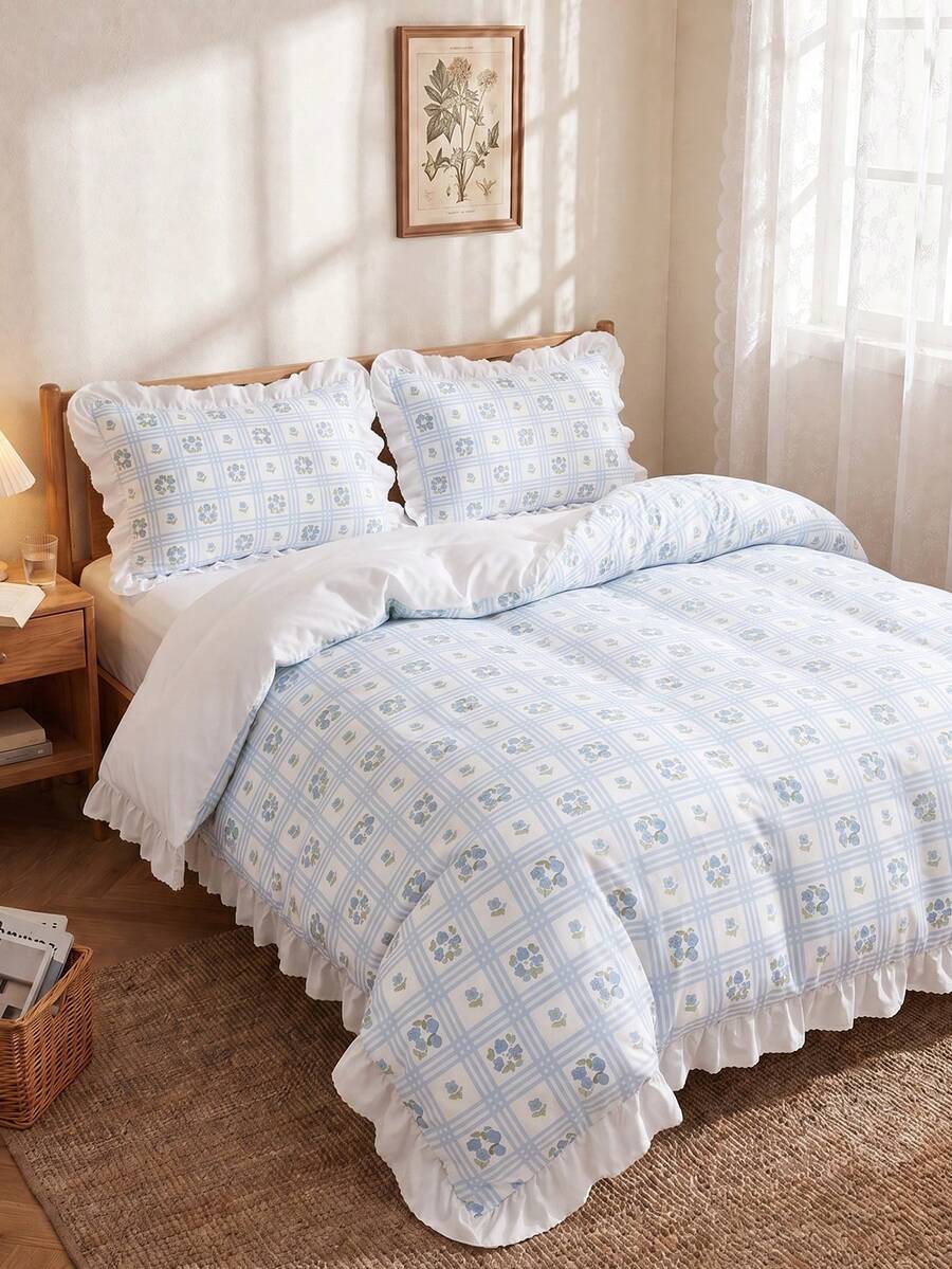 Set Sarung Selimut Ruffle 2/3 pcs, Perlengkapan Tempat Tidur Asrama, Set Perlengkapan Tempat Tidur Taman Biru, Dekorasi Kamar Nyaman, Ramah Kulit dan Bernapas, Sangat Lembut dan Anti-Pilling, Tanpa Isian Selimut, Cocok untuk Tempat Tidur Ukuran Twin/Full/Queen/King, Sepanjang Musim, Dapat Dicuci dengan Mesin, Kembali ke Sekolah