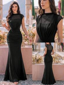 MIUSOL Elegant Half Collar Ruched Waist Mermaid Hem Formal Party Long Dress,Evening Gown,Wedding Guest Dress,Bridesmaid Dress,Graduation Dress Summer Black - Black - View 1