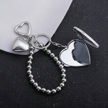 1pc Y2K Silver Bead Heart Foldable Double-Sided Makeup Mirror Keychain, Minimalist Metal Heart-Shaped Car Key Ring Pendant, Women's Gift - Multicolor - View 12