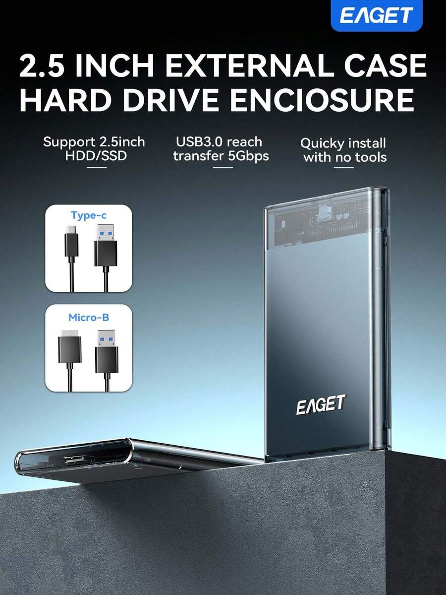 EAGET 2.5英寸外置硬盘盒，免工具USB 3.0转SATA III适配器，即插即用便携式金属外壳，支持高达6TB的HDD/SSD，支持UASP（不含硬盘）