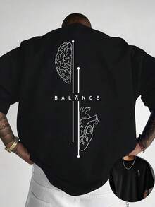 Camiseta con estampado creativo en la parte delantera y trasera, cuello redondo, hecha de algodón puro, top de verano de manga corta, ideal para un estilo casual diario, una opción de regalo esencial para nosotros. - Negro - Ver 1