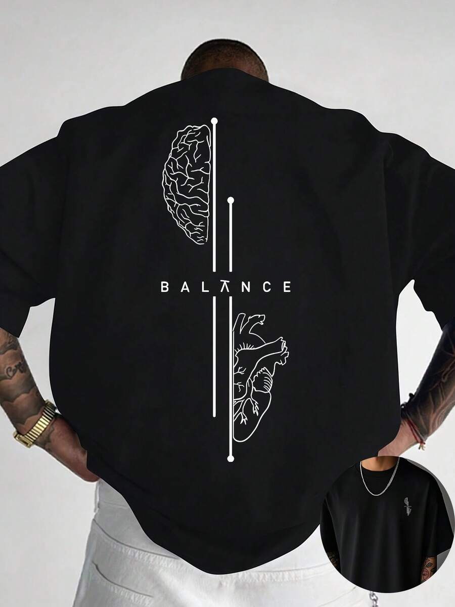 Camiseta con estampado creativo en la parte delantera y trasera, cuello redondo, hecha de algodón puro, top de verano de manga corta, ideal para un estilo casual diario, una opción de regalo esencial para nosotros. - Negro - Ver 1
