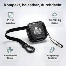 Fahrrad-Zugleine 2,5 m – automatische Rückholfunktion, bis 100 kg Belastbarkeit, aus robustem EPS-Material mit Edelstahlkarabiner, einfache Montage ohne Werkzeug, kompatibel mit MTB, E-Bike & Citybike – Schwarz, 80*80*31 mm, 94 g - Schwarz - Übersicht 4