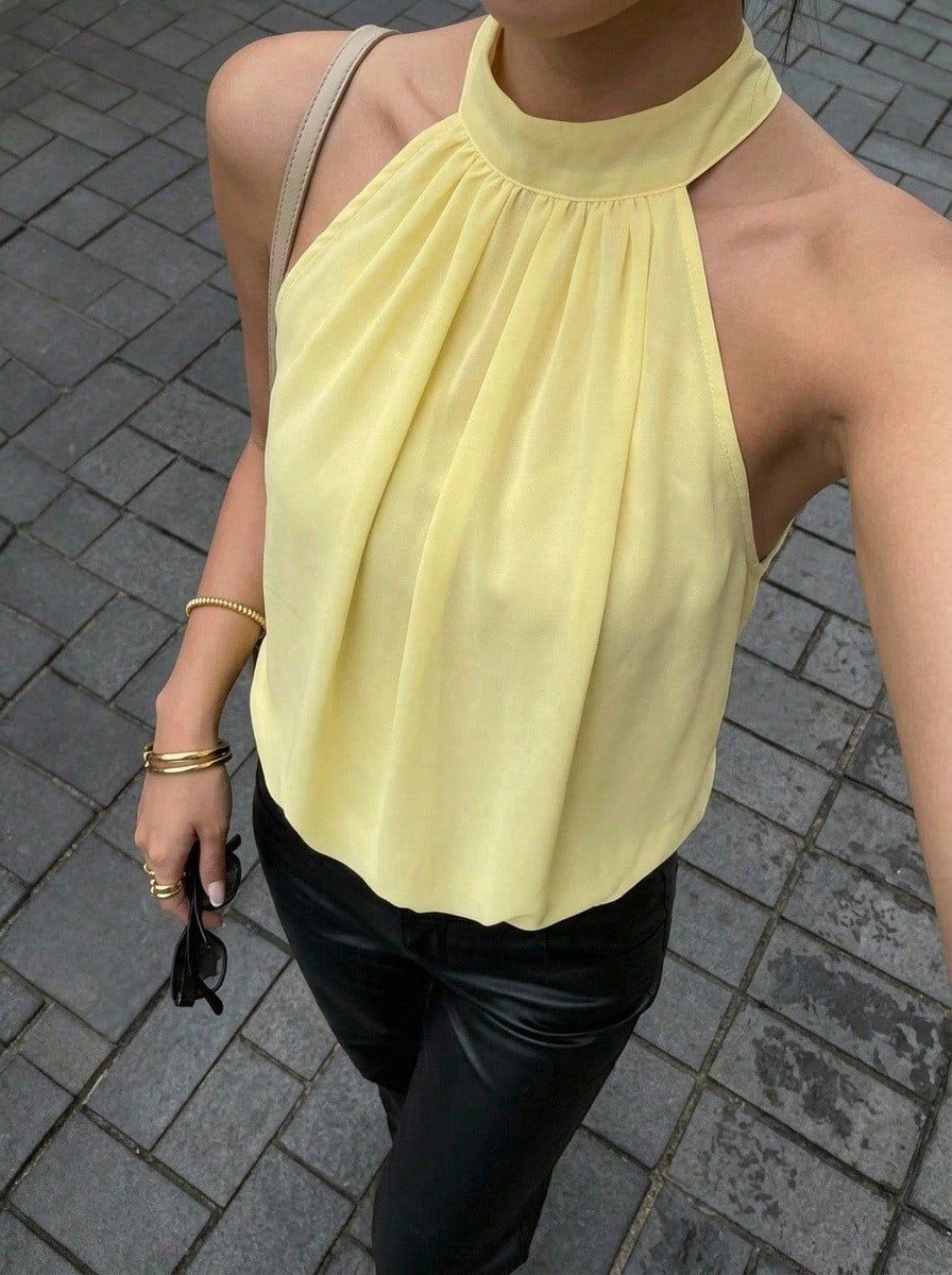 Blusa de mujer nueva de unicolor de gasa de doble capa sin mangas con cuello halter, elegante casual para ir al trabajo, vacaciones y playa, top de verano amarillo - Amarillo - Ver 1