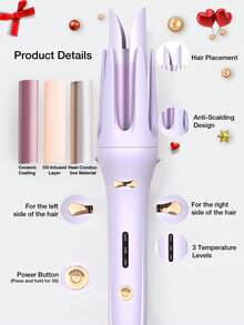 Tenacilla de pelo automática giratoria, clip de pelo giratorio de un solo botón, tenacilla de pelo cerámica, ajustes de temperatura múltiples, crea fácilmente rizos perfectos - Ver 9