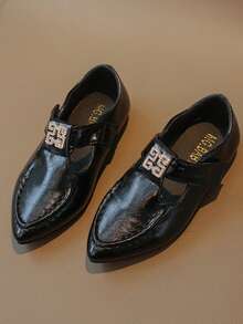 Water Drop Shaped Square Buckle Hollow T-Strap Pointed Toe Flat Loafers For Kids - Black - View 2
