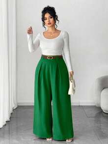 Pantalones de pierna ancha para mujer de talla grande,unicoloro albaricoque, estilo elegante, de moda para ir al trabajo y la oficina - Verde - Ver 2