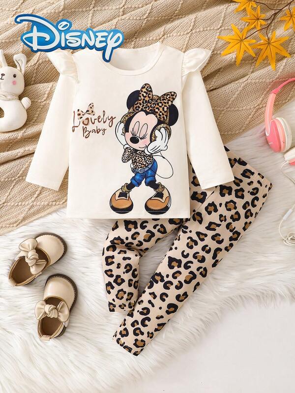 [Official Disney Licensed]Disney Custom Developed Autumn Infant Baby Girl Mickey Mouse Cute Long Sleeve Top & Leopard Print Pants Set, Featuring Minnie Mouse Headphone Listening To Music Cartoon Pattern, Slightly Elastic, Suitable For Newborn Baby Daily Wear, Great Gift
