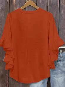 Size - Size - Women's Blouse With Ruffles And Three-Quarter Sleeves, Solid Color, Casual Loose Fashion, V-Neck, For Business - Orange - View 5