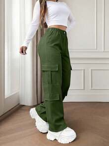 Pantalones cargo elegantes y lindos de estilo Y2K con múltiples bolsillos y botones, de color marrón, de peso ligero, adecuados para volver a la escuela, graduación, club, fiesta de cumpleañ - Verde militar - Ver 11