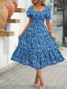 Women's Printed Dress With Square Neck, Fitted Waist And Layered Puff Sleeves, In A Sweet Style. - 藍色 - 查看 2