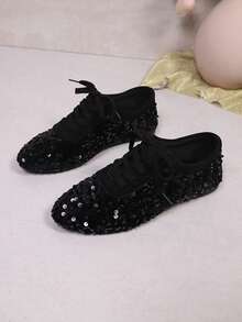 Women's Fashion Pointed Toe Lace-Up Flat Shoes For Daily Wear - Black - View 7