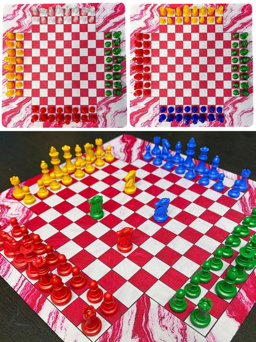 Set Catur Karet untuk 4 Pemain, Ukuran 13,7 Inci, dengan Papan Catur Gulung Bermotif Marmer Merah, 64 Buah Cakram Plastik Staunton (Transparan, Warna Solid) – Ideal untuk Permainan Strategi dan Teka-Teki Multipemain, Pertemuan Keluarga, dan sebagai Hadiah. - MultiWarna - View 1