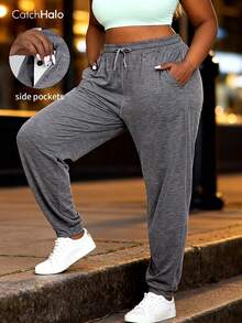 Plus Size Drawstring Solid Color Loose Jogger Pants With Pockets Spring Sports - Grey - View 5