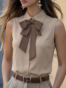 Blusa sin mangas con lazo delantero, con decoración de lazo oversize, blusa casual de unicolor, adecuada para mujeres en verano y primavera, blusas para exteriores, blusas de mujer y blusas - Color albaricoque intenso - Ver 1