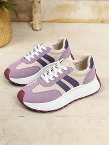 Women's White Casual Sneakers, Low-Top, Lightweight, Non-Slip, Wear-Resistant, Low Heel, Round Toe, Breathable, Lace-Up, Suitable For Outdoor Sports, - 紫色 - 查看 2