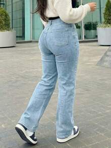 Women's Vintage-Style Wide-Leg Straight-Leg Jeans, Casual For Spring - 淺色洗滌 2 - 查看 1