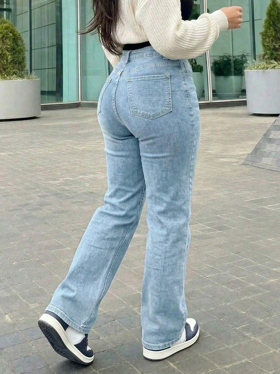 Women's Vintage-Style Wide-Leg Straight-Leg Jeans, Casual For Spring - 淺色洗滌 2 - 查看 1