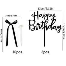 13件組黑色蝴蝶結蛋糕裝飾套組,附「Happy Birthday」壓克力插牌,優雅生日蛋糕裝飾用 Coquette 絲帶蝴蝶結 - 彩色 - 查看 10
