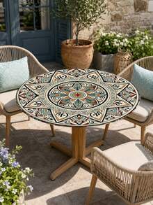 1pc-Elastic Fitted Spandex Tablecloth, Mediterranean Tile Stretch Table Cover With Blue Orange Mandala Print, Wrinkle Resistant Soft Tablecloth For Round And Rectangular Tables, Patio Dining And Outdoor Party Decor - Multicolor - View 4