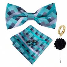 5Pcs Teal Plaid Men Accessory Set, Bow Tie Pocket Square Cufflinks Brooch Detachable Ring, Random Cufflink Patterns, Suit Accessories For Wedding - Cadet Blue - View 2