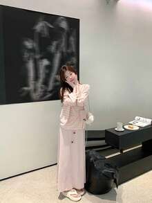 Sweet Style Pink Striped Collared Long Sleeve T-Shirt Women's Summer Loose Versatile Youthful Top (Random Stripes, Reversible) - Picture Color - View 2