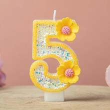 1pc Pink Glitter Number Birthday Cake Candle, Shiny Number Cake Decoration Topper, Party Decoration And Anniversary Celebration, Yellow Glitter Number 1 Candle With Daisy Flower Decoration, Birthday And Anniversary Party Cake Topper - Yellow - View 7