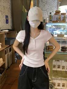 美式風格女款 V 領標準肩短袖 T 恤，修身顯瘦簡約百搭上衣，粉色休閒夏季款 - 粉色 - 查看 6